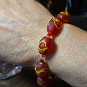 Hand Painted Glass Bead Stretch Bracelet Red Yellow Swirl Size Large